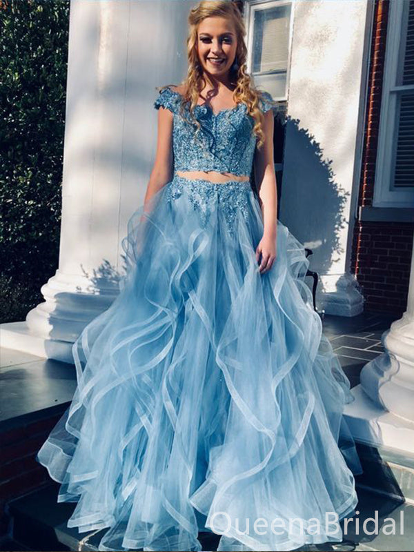 Elegant Gorgeous Blue Two Pieces Tulle Lace Appliques Simple A-line Evening Gown Long Formal Dresses Prom Dresses ,WGP797