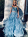 Elegant Gorgeous Blue Two Pieces Tulle Lace Appliques Simple A-line Evening Gown Long Formal Dresses Prom Dresses ,WGP797