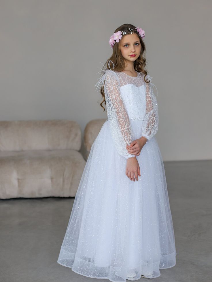 Elegant White Tulle Lace Appliques Beading A-Line Cheap Simple Long Flower Girl Dresses, FGS0047