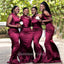 Elegant Dark Red Mermaid Long Unique Cheap Soft Satin Bridesmaid Dresses, BDS0191