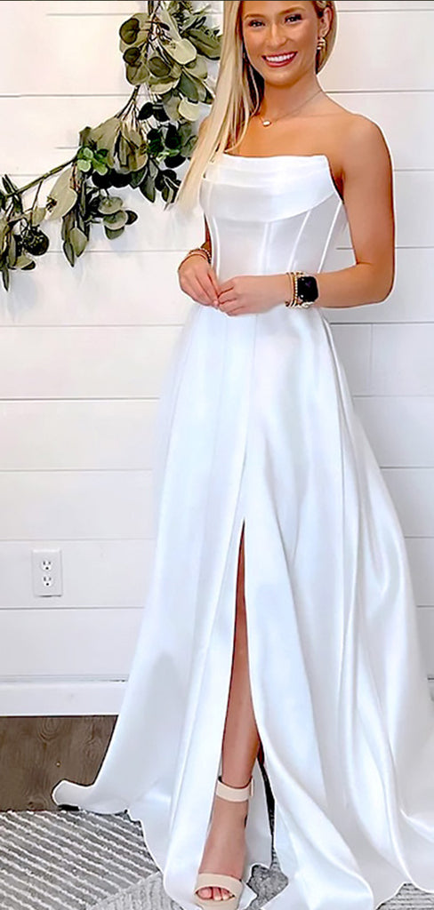 Elegant White Strapless Pleats A-Line Side Slit Long Wedding Dresses,WGP207