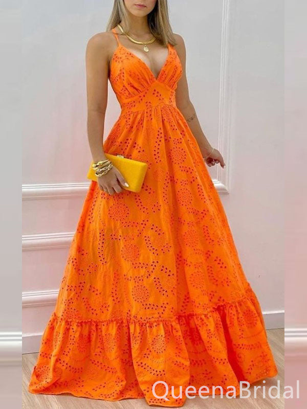 Orange Spaghetti Straps Plunging A-line Prom Dresses to Impress ,WGP1320