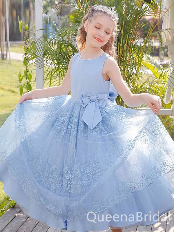 Elegant A-line Jewel Neck Lace Appliques Tulle Flower Girl Dresses with Ruffles, FGS0051