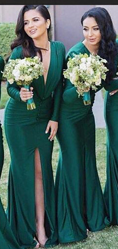 Elegant Green V Neck Long Sleeves Pleats Simple Cheap Mermaid Long Bridesmaid Dresses , BDS0213