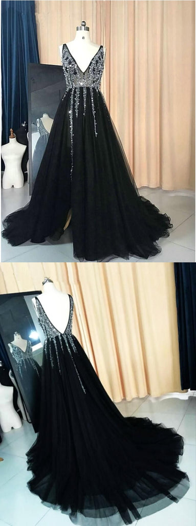 Sexy Black A-line V-neck Maxi Long Party Prom Dresses, Wedding Party Dresses,WGP292