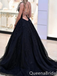 Gorgeous Plunging Black Lace Appliques Lace Up Back A-line Evening Gown Long Prom Dresses  ,WGP693