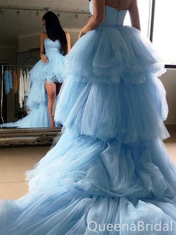 Sexy Elegant Strapless High Low Sweetheart Blue Tulle Evening Gown Long Prom Dresses with Trailing ,WGP664