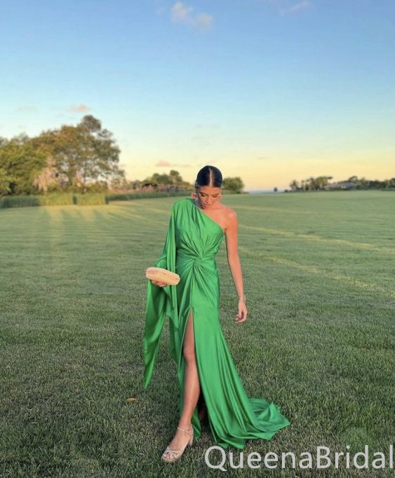 Gorgeous Green Long Sleeves One Shoulder Evening Party Dress Long Prom Dresses to Impress with Slit ,WGP1380