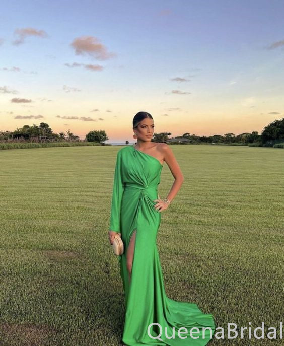 Gorgeous Green Long Sleeves One Shoulder Evening Party Dress Long Prom Dresses to Impress with Slit ,WGP1380