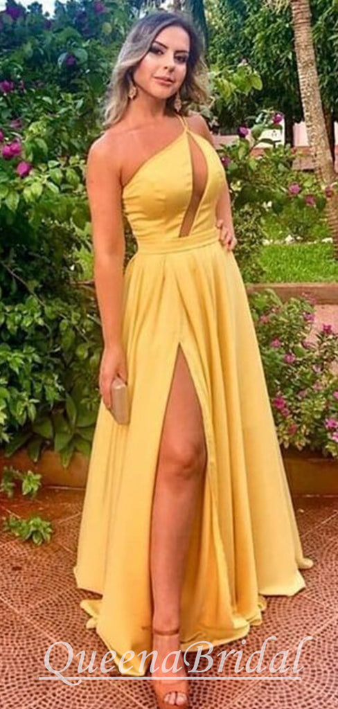 Sexy One Shoulder Yellow Side Slit A-line Evening Gown Long Prom Dresses ,WGP604