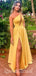 Sexy One Shoulder Yellow Side Slit A-line Evening Gown Long Prom Dresses ,WGP604