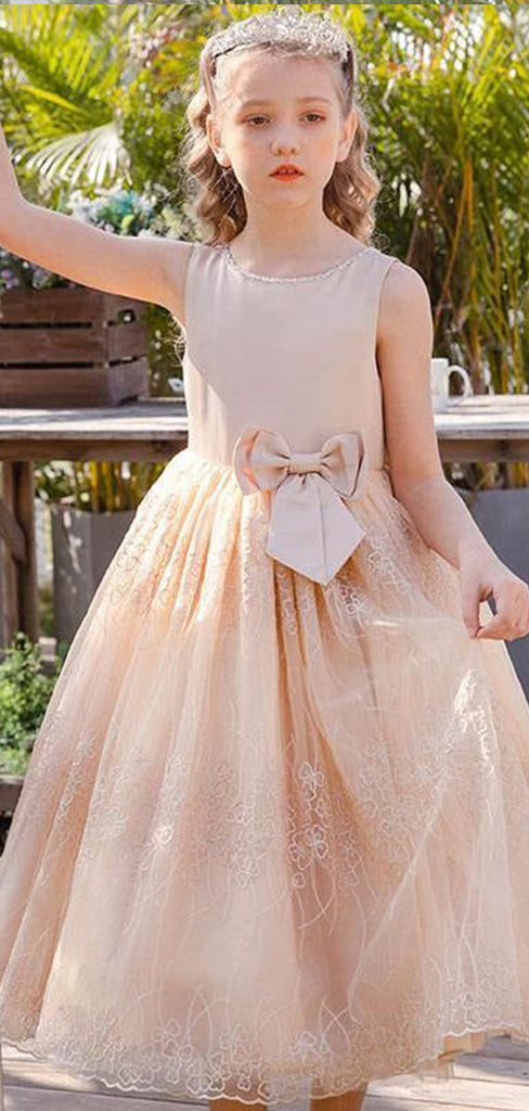 Elegant A-line Jewel Neck Lace Appliques Tulle Flower Girl Dresses with Bow, FGS0052