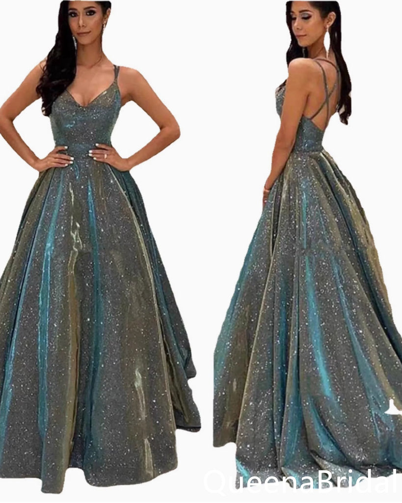 Shiny V Neck A-line Party Dress Long Prom Dresses to Impress ,WGP1524