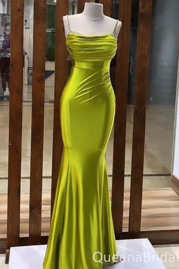 Sexy Green Beaded Straps Straight Neck Mermaid Long Party Dress Long Prom Dresses to Impress ,WGP1444