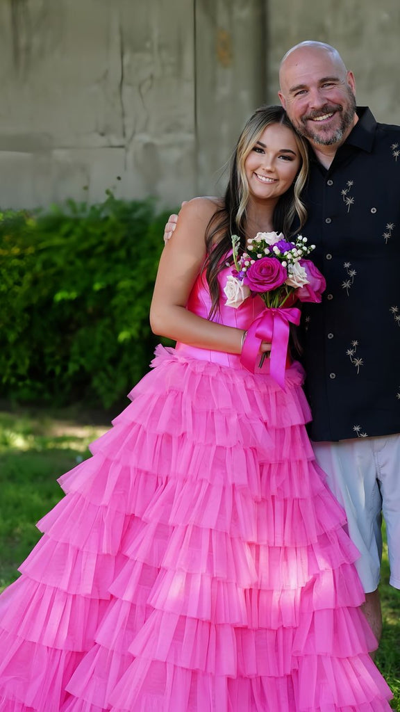 Hot Pink Strapless Tiered Sweetheart Long Prom Dresses to Impress Plus Size with Slit,WGP1357