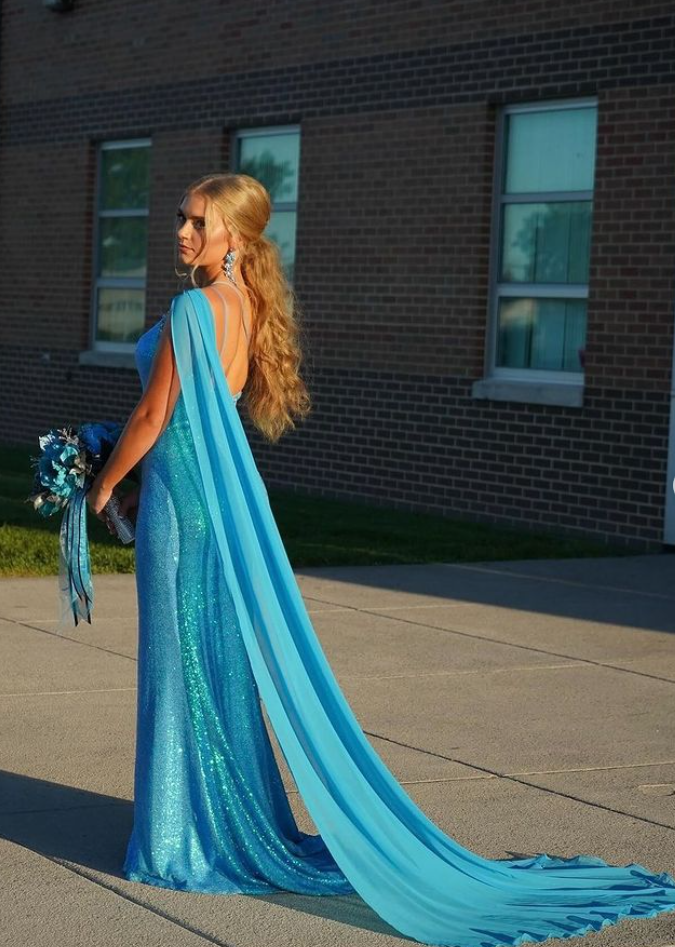 Shiny Blue Mermaid One Shoulder Side Slit Party Dress Long Prom Dresses to Impress ,WGP1552