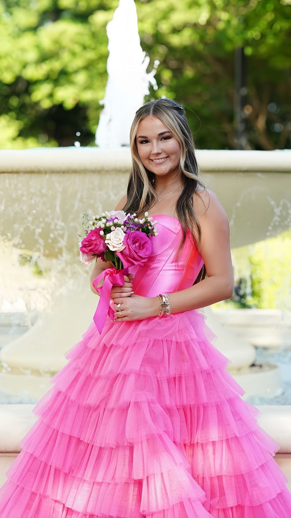 Hot Pink Strapless Tiered Sweetheart Long Prom Dresses to Impress Plus Size with Slit,WGP1357