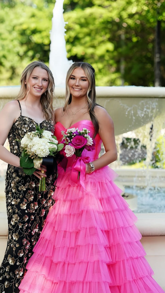 Hot Pink Strapless Tiered Sweetheart Long Prom Dresses to Impress Plus Size with Slit,WGP1357