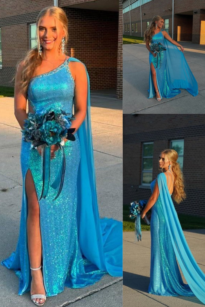 Shiny Blue Mermaid One Shoulder Side Slit Party Dress Long Prom Dresses to Impress ,WGP1552