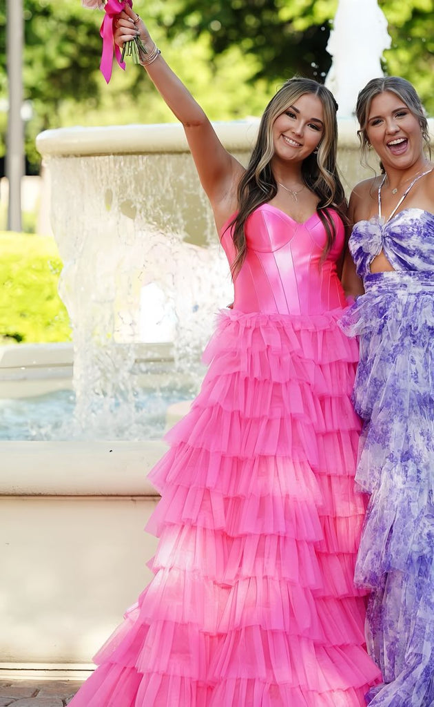 Hot Pink Strapless Tiered Sweetheart Long Prom Dresses to Impress Plus Size with Slit,WGP1357