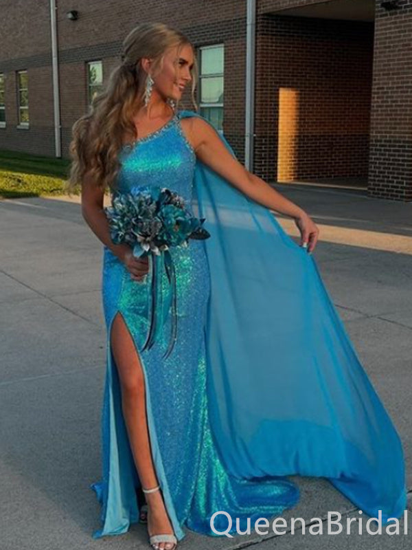 Shiny Blue Mermaid One Shoulder Side Slit Party Dress Long Prom Dresses to Impress ,WGP1552