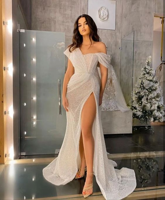 Gorgeous Ivory One Shoulder Mermaid Long Prom Dresses to Impress with Slit,WGP1358