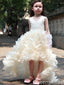 Ivory V-neck High Low Long Tulle Ball Gown Flower Girl Dresses with Ruffles, FGS0059