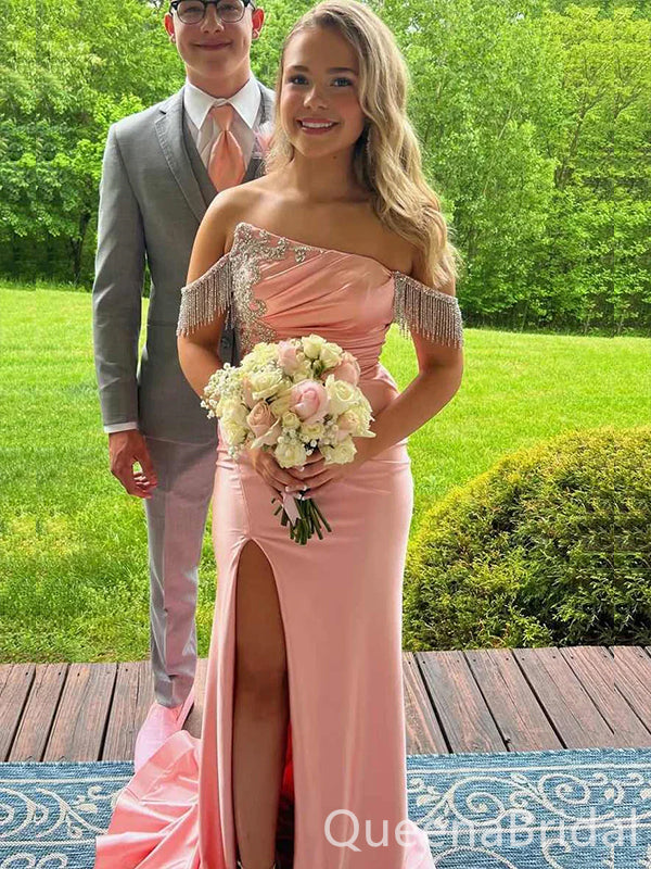 Blush Pink Off the Shoulder Mermaid Beaded Side Slit Party Dress Long Prom Dresses to Impress ,WGP1650