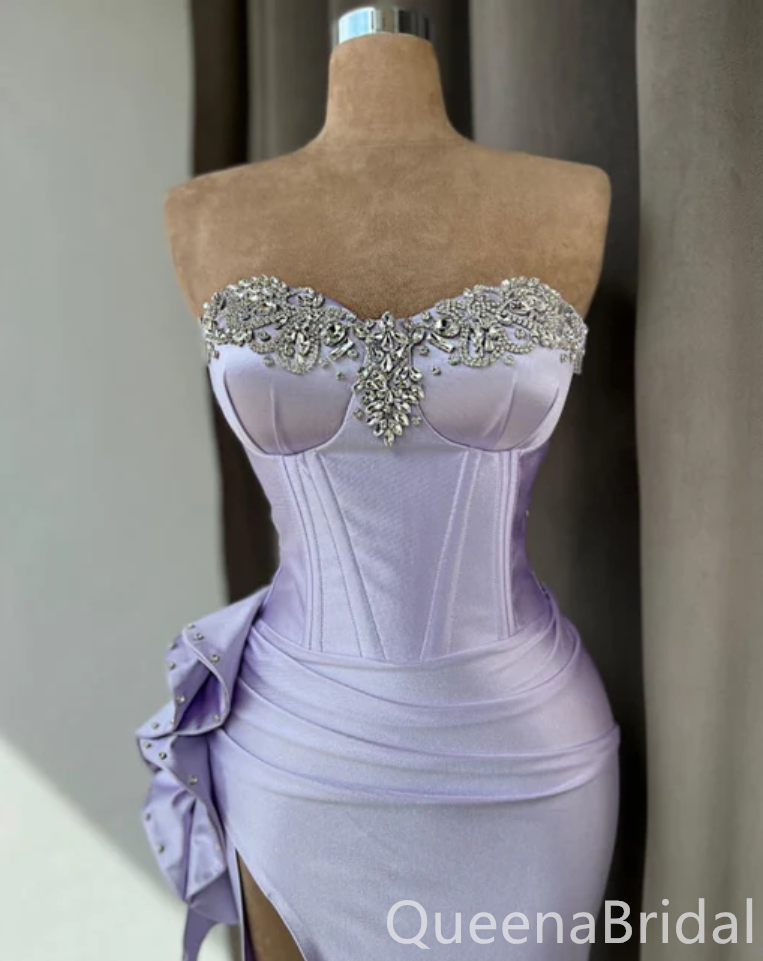 Gorgeous Strapless Lilac Beaded Sweetheart Side Slit Mermaid Long Party Dress Prom Dresses,WGP1737