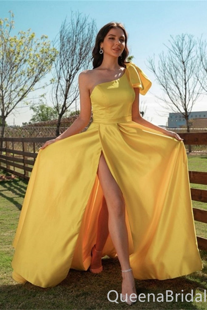 Elegant One Shoulder Yellow A-line Side Slit Long Party Dress Long Prom Dresses to Impress ,WGP1447