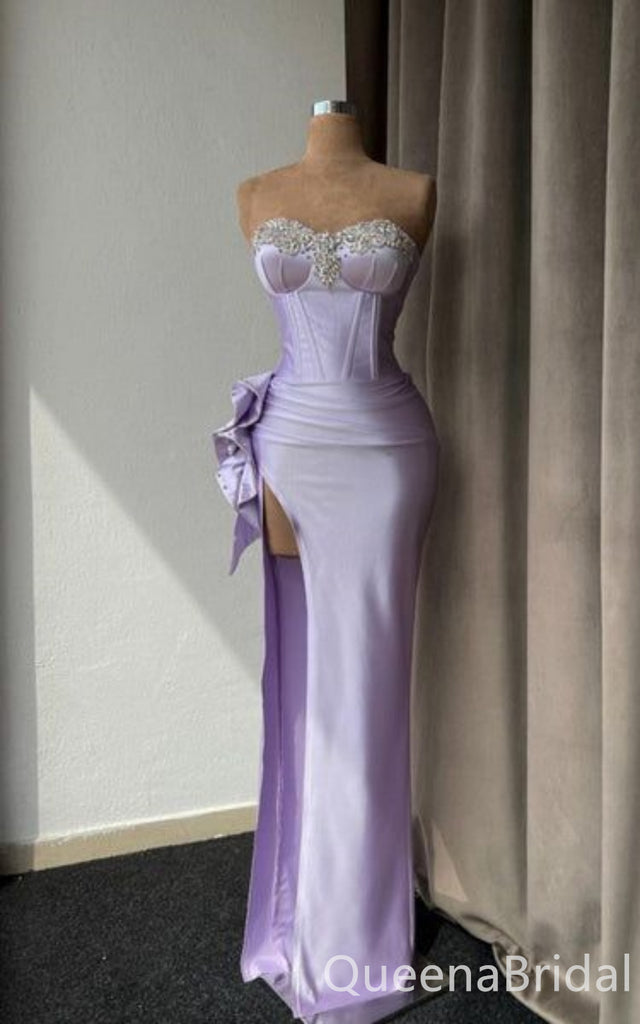 Gorgeous Strapless Lilac Beaded Sweetheart Side Slit Mermaid Long Party Dress Prom Dresses,WGP1737