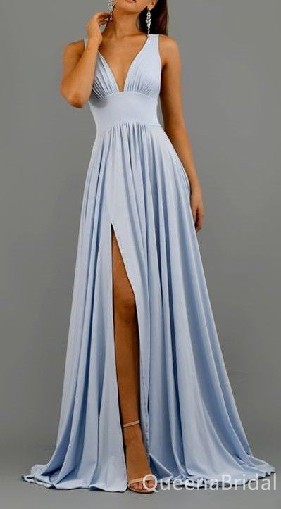 Elegant Blue Side Slit A-line V Neck Long Party Dress Prom Dresses,WGP1738