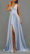 Elegant Blue Side Slit A-line V Neck Long Party Dress Prom Dresses,WGP1738