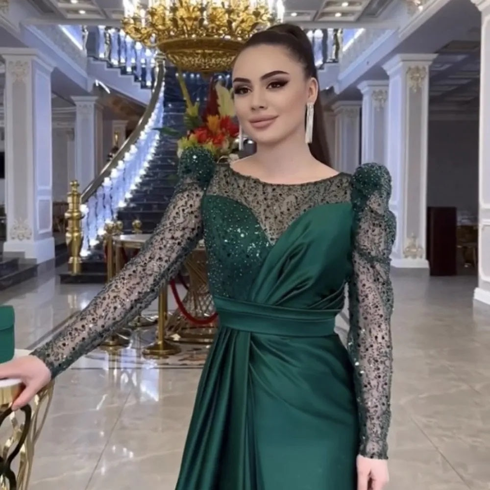 Green Long Sleeves Jewel Maxi Long Party Prom Dresses Online,WGP285