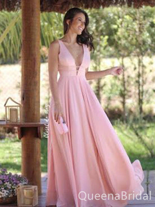 Light Pink Plunging A-line Evening Gown Long Evening Party Prom Dresses ,WGP1266