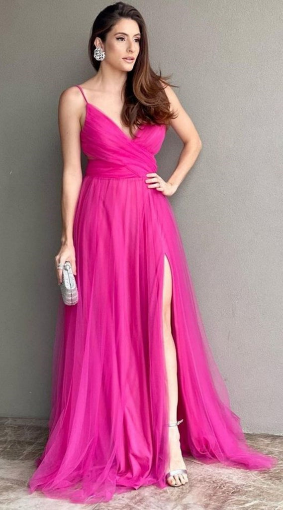 Hot Pink Spaghetti Straps Plunging A-line Long Prom Dresses to Impress with Slit ,WGP1360