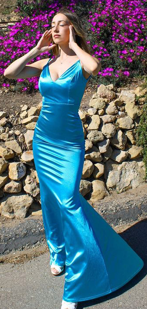 Elegant Blue V Neck Spaghetti Strap Mermaid Evening Long Prom Dresses,WGP479