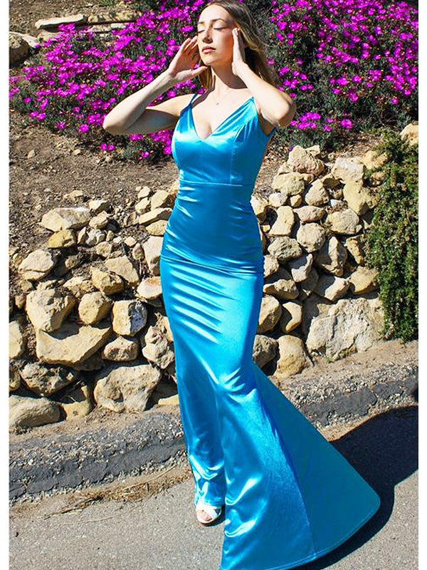 Elegant Blue V Neck Spaghetti Strap Mermaid Evening Long Prom Dresses,WGP479