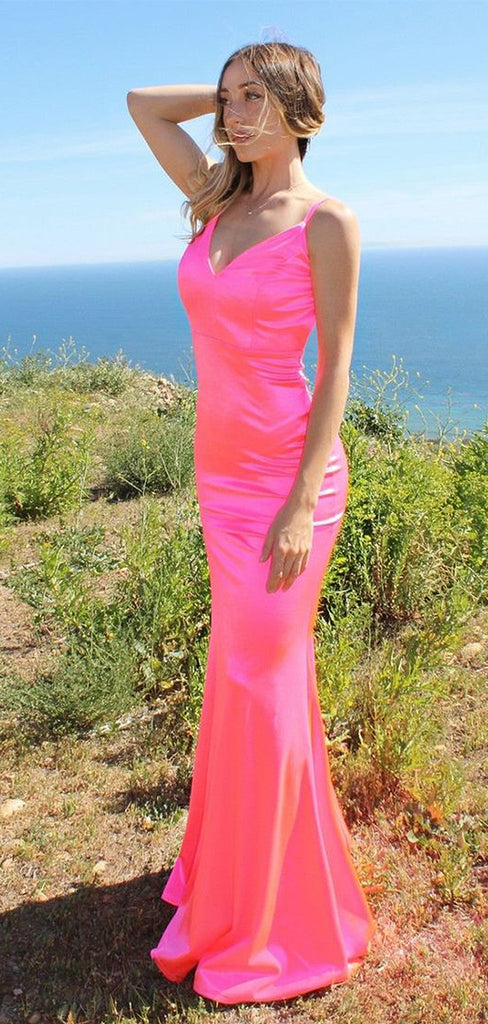 Elegant Candy Pink V Neck Spaghetti Strap Mermaid Evening Long Prom Dresses,WGP480