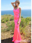 Elegant Candy Pink V Neck Spaghetti Strap Mermaid Evening Long Prom Dresses,WGP480