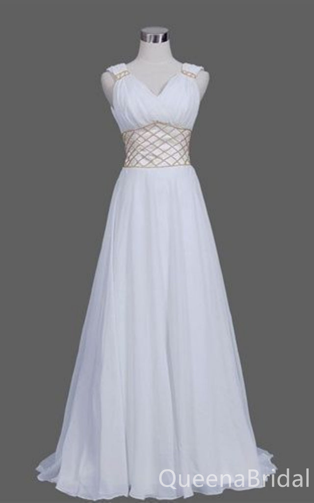 Elegant White V Neck A-line Long Party Dress Prom Dresses,WGP1741