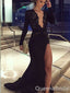 Sexy Black Long Sleeves Lace Appliques High Slit Sheath Evening Gown Long Formal Dresses Prom Dresses ,WGP770