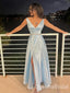 Sexy Light Blue V Neck A-line Long Prom Dresses Party Dresses to Impress with Front Slit ,WGP1372