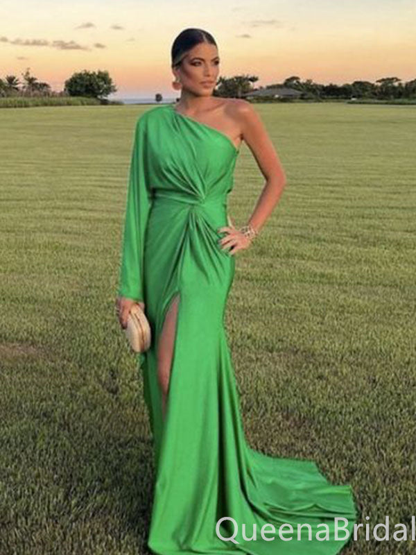 Gorgeous Green Long Sleeves One Shoulder Evening Party Dress Long Prom Dresses to Impress with Slit ,WGP1380