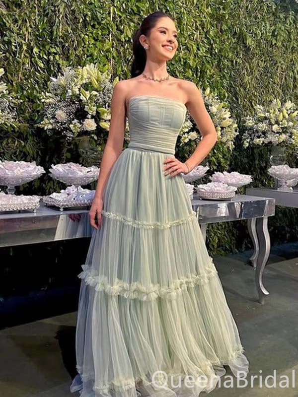 Elegant Strapless A-line Evening Gown Maxi Long Formal Dresses Prom Dresses with Ruffles,WGP836