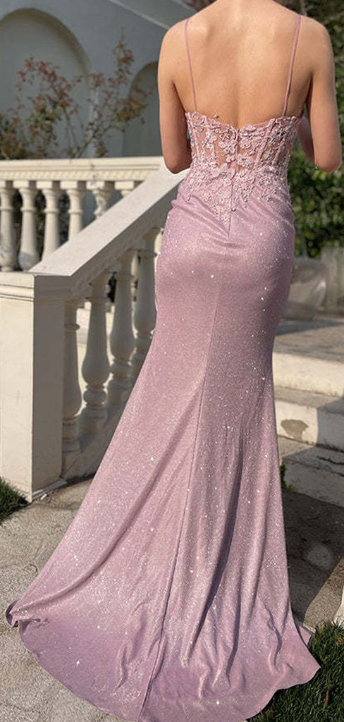 Gentle Pink Spaghetti Strap Sequin Mermaid Long Evening Gown Prom Dresses,WGP418