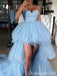 Sexy Elegant Strapless High Low Sweetheart Blue Tulle Evening Gown Long Prom Dresses with Trailing ,WGP664