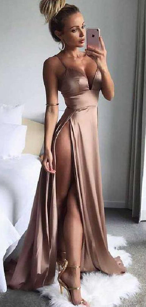 Sexy Deep V-neck High Slit Spaghetti Straps Evening Gown Prom Dresses with High Slit,WGP587