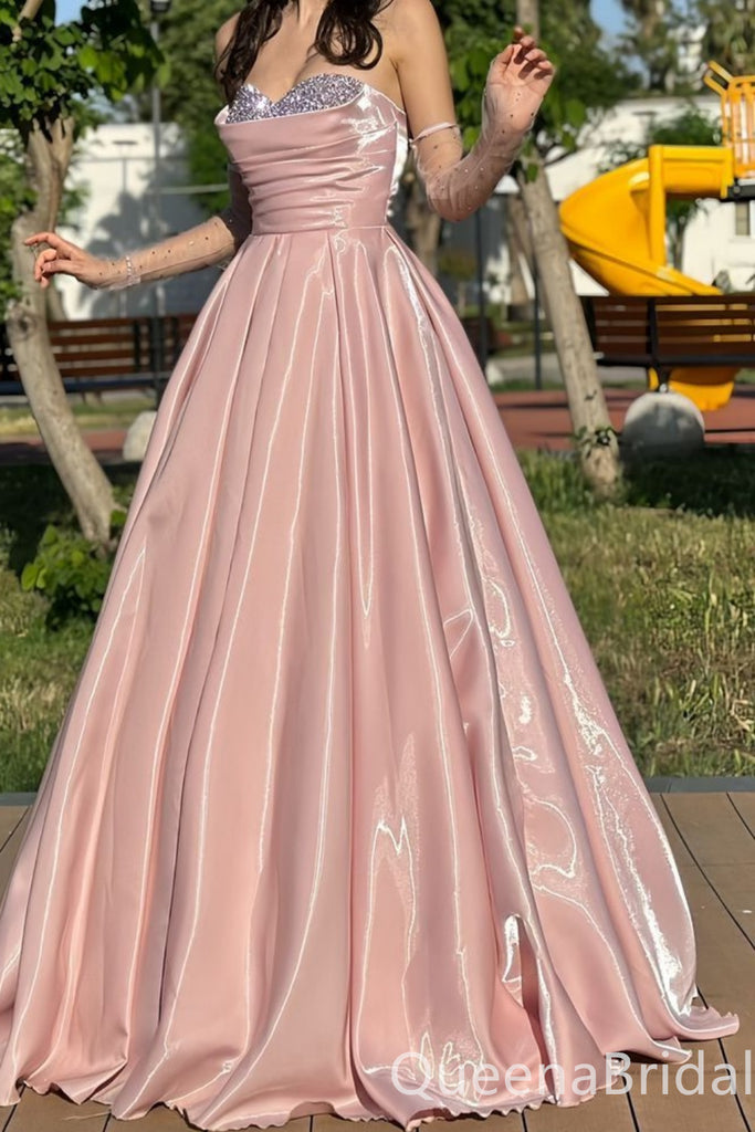 Stunning Shiny Pink Strapless Beaded Pleats A-line Party Dress Long Prom Dresses to Impress ,WGP1607