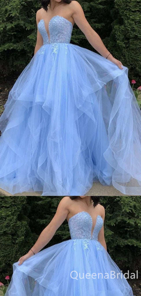 Sexy Fluffy Strapless Plunging Tulle Lace Appliques A-line Evening Gown Long Prom Dresses ,WGP677